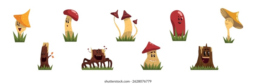 Funny Mushroom Character and Tree Stump with Smiling Face Vector Set