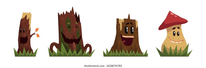 Funny Mushroom Character and Tree Stump with Smiling Face Vector Set