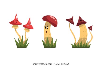 Funny Mushroom Characters with Smiling Faces Growing on Grass Vector Set