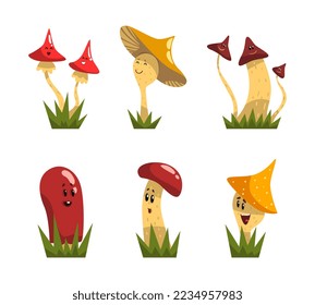 Funny Mushroom Characters with Smiling Faces Growing on Grass Vector Set