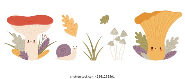 Funny mushroom characters, snail and autumn leaves set.