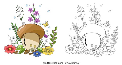 Funny mushroom with a doodle pattern, leaves and dragonflies on a white background. Coloring book for children and adults