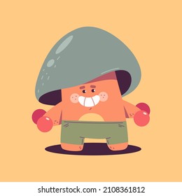 Funny mushroom with dumbbells vector cartoon character isolated on background.