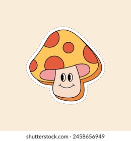 Funny Mushroom Groovy Sticker Vector Illustration