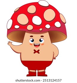 Funny mushroom with hands and feet with fly agaric hat. Vector illustration