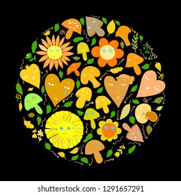 Funny mushroom and heart set of characters. Different emotions. Happy and sad faces. Cute cartoon character collection. Vegetable pattern on black background. Vector illustration.