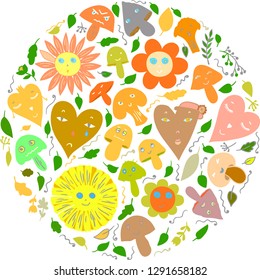 Funny mushroom and heart set of characters. Different emotions. Cute cartoon doodle character collection. Colorful vegetable pattern. Vector illustration.