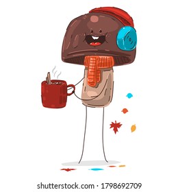 Funny mushroom with hot coffee cup vector cartoon autumn character isolated on a white background.