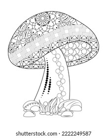 Funny mushroom, leaves and butterflies with a doodle pattern on a white background. Anti-stress coloring book for adults and children. Decorative element for design