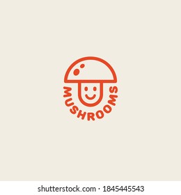 Funny mushroom logo design template in linear style. Vector illustration.