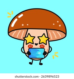 Funny mushroom mascot holding a tablet with star-shaped eyes, ideal for children's illustrations, stickers, or any project that requires a touch of whimsy