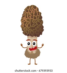 Funny mushroom morell character, mascot, cartoon vector illustration isolated on white background. Humanized, childish mushroom with smiling faces, arms and legs. Autumn, fallen leaves, dry grass.