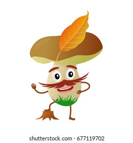 Funny mushroom porcini character, mascot, cartoon vector illustration isolated on white background. Humanized, childish mushroom with smiling faces, arms and legs. Autumn, fallen leaves and dry grass.