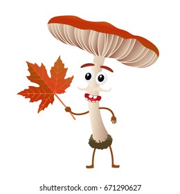 Funny mushroom russula character, mascot, cartoon vector illustration isolated on white background. Humanized, childish mushroom with smiling faces, arms and legs. Autumn, fallen leaves, dry grass.