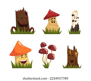 Funny Mushroom and Tree Stump Characters with Smiling Faces Growing on Grass Vector Set