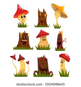 Funny mushrooms characters set, cute humanized forest mushrooms and stamps with smiling faces vector Illustrations