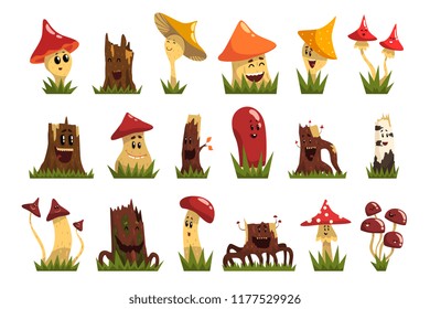Funny mushrooms characters set, cute humanized forest mushrooms and stamps with smiling faces vector Illustrations