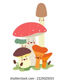 Funny mushrooms, children's illustration, print, cartoon characters. Vector.
