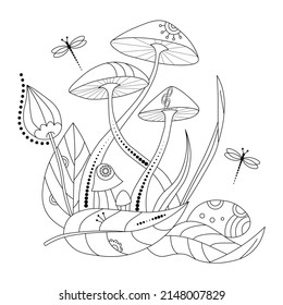 Hongos y hojas divertidas con un patrón de doodle sobre un fondo blanco. Libro de colorantes antiestrés para adultos y niños. Elemento decorativo para el diseño