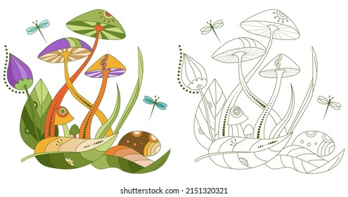 Hongos y hojas divertidas con un patrón de doodle sobre un fondo blanco. Libro de colorantes antiestrés para adultos y niños. Elemento decorativo para el diseño