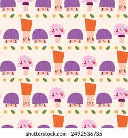 Funny mushrooms patterns. Cute mushrooms characters. Vector illustration.