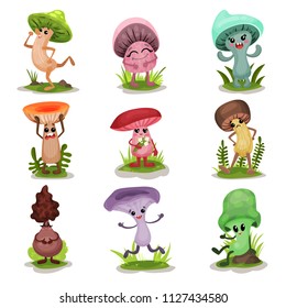 Funny mushrooms set, colorful mashroom characters with human face showing various emotions vector Illustrations on a white background