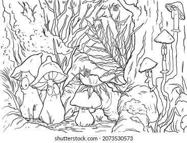 Funny mushrooms in woods. Black and white vector illustration