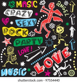 funny music doodles, crazy party scribbles