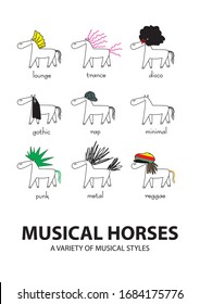 
FUNNY MUSICAL HORSES, A VARIETY OF MUSICAL STYLES, DIFFERENT KIND OF MUSIC