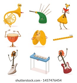 Funny Musical Instruments Cartoon Characters with Funny Faces Set, Guitar, Synthesizer, Flute, Bagpipes, Balalaika, Cymbals, Drum Vector Illustration