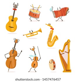 Funny Musical Instruments Cartoon Characters with Funny Faces Set, Cello, Saxophone, Trumpet, Accordion, Guitar, Tambourine, Violin, Drum, Harp, Violoncello Vector Illustration