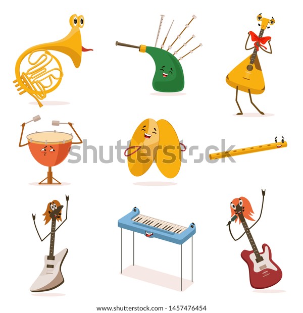 Funny Musical Instruments Cartoon Characters Funny Stock Vector