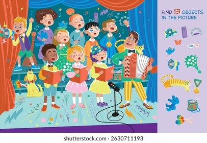 Diversão musical. Crianças cantando no palco. Localize 13 objetos na imagem. Jogo educacional para crianças. Ilustração de vetor de desenhos animados