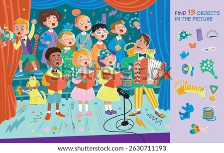 Funny musical performance. Children singing on stage. Find 13 objects in the picture. Educational game for children. Cartoon vector illustration