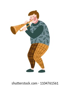 Funny musician playing a trumpet isolated on the white background. Vector illustration for music festival.  Bright poster design for jazz concert.