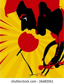 a funny musician plays guitar and sings. rock singer concept poster. mad man with guitar  earing microphone. cool concept poster vector illustration