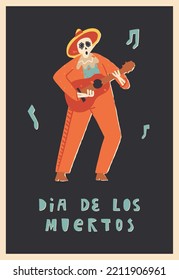 The funny musician skeleton plays guitar and sings. Dia De Los Muertos greeting A5 card, banner, flyer. The Day of the Dead vector illustration.