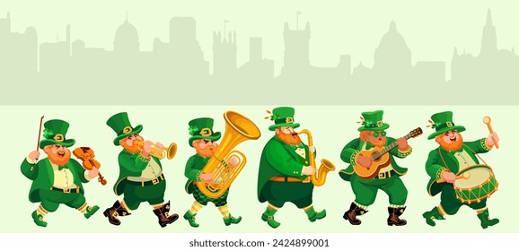 Funny musicians in leprechaun costumes. People, cartoon characters on silhuettes of old town background. Flat style Illustration for St. Patricks Day, an Irish holiday. Vector.