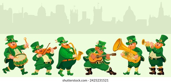 Funny musicians in leprechaun costumes. People, cartoon characters on silhuettes of old town background. Flat style Illustration for St. Patricks Day, an Irish holiday. Vector.