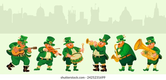 Funny musicians in leprechaun costumes. People, cartoon characters on silhuettes of old town background. Flat style Illustration for St. Patricks Day, an Irish holiday. Vector.