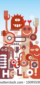 Funny Musicians. Music Band - vector illustration with text "Hello!"