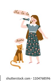 Funny Musicians - Young Girl And Cat Sing A Duet. Vector Illustration For Music Festival.  Bright Poster Design For Jazz Or Folk Concert. 