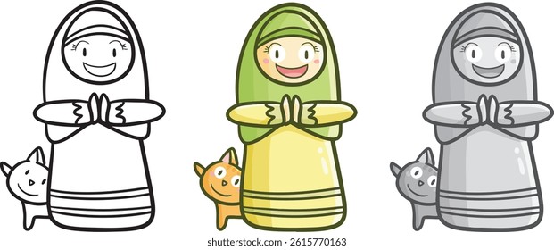 Funny muslim woman with cat apologizing cartoon illustration in three colors version.