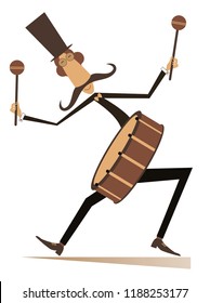 Funny mustache drummer isolated illustration. Mustache man in the top hat beats a big drum using drumsticks in both hands isolated on white illustration vector

