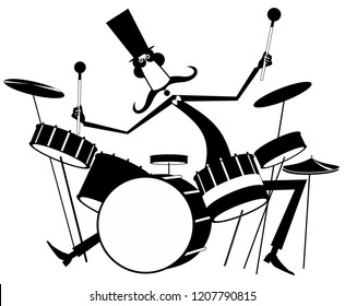 Funny mustache drummer isolated illustration. Mustache man in the top hat plays on drum kit black on white illustration
