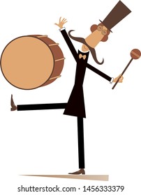 Funny mustache drummer isolated illustration. Mustache man in the top hat beats a big drum using drumstick isolated on white illustration
