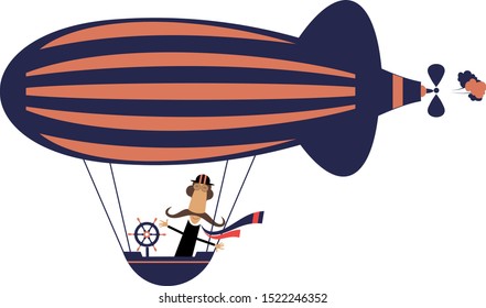 Funny mustache man flies on the airship illustration. Cartoon mustache man flies on the airship isolated on white
