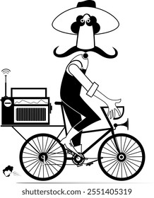 Hombre divertido del bigote en que monta una bicicleta. Hombre de bigote largo de dibujos animados en el sombrero monta en bicicleta y escucha música o programas por radio vintage. Ilustración en blanco y negro