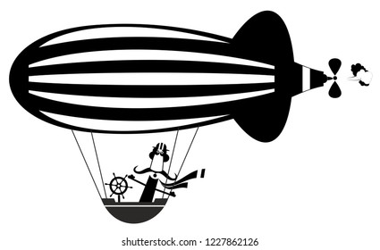 Funny mustache man on the airship illustration. Cartoon mustache man flies on the airship black on white illustration
