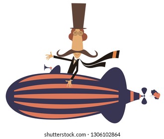 Funny mustache man on the airship illustration. Cartoon mustache man flies on the airship isolated on white illustration